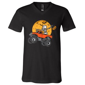 Skeleton Monster Truck Moon Candy Halloween V-Neck T-Shirt