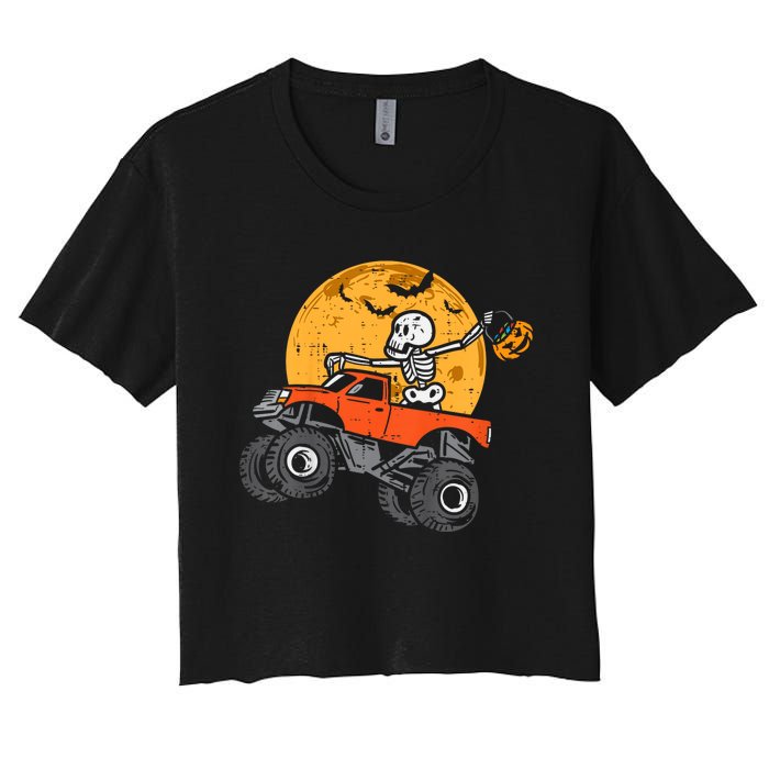 Skeleton Monster Truck Moon Candy Halloween Women's Crop Top Tee