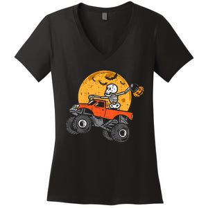 Skeleton Monster Truck Moon Candy Halloween Women's V-Neck T-Shirt