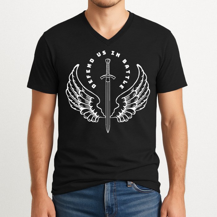 St. Michael The Archangel Defend Us In Battle V-Neck T-Shirt
