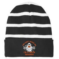 Spooky Math Teacher Retro Cute Ghost Design Striped Beanie with Solid Band