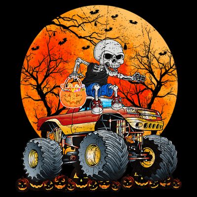 Skeleton Monster Truck Moon Candy Halloween T-Shirt