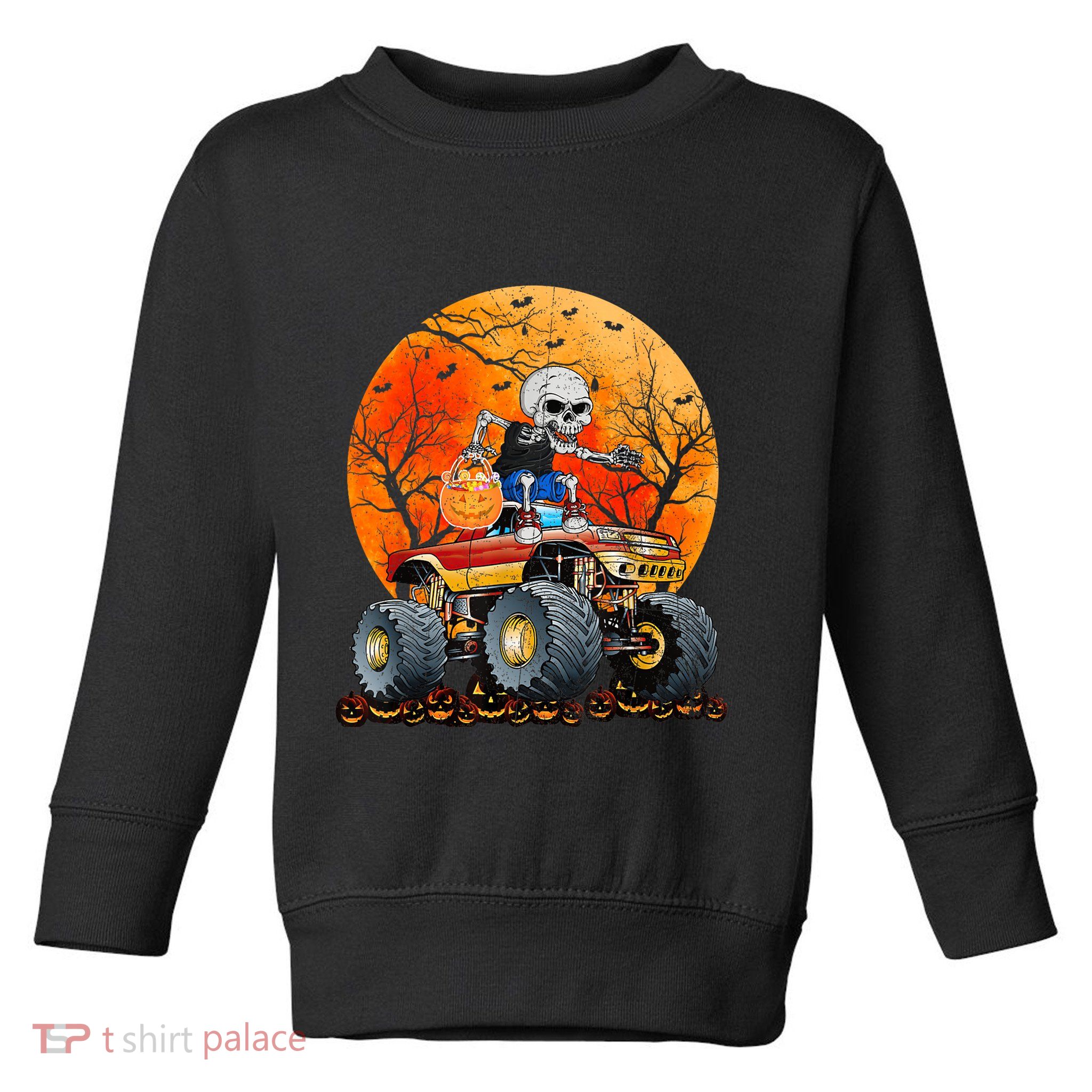 Skeleton Monster Truck Moon Candy Halloween Toddler Sweatshirt