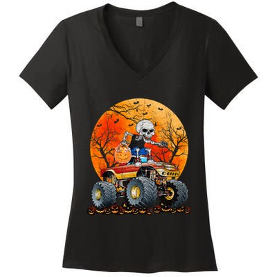 Skeleton Monster Truck Moon Candy Halloween Women's V-Neck T-Shirt