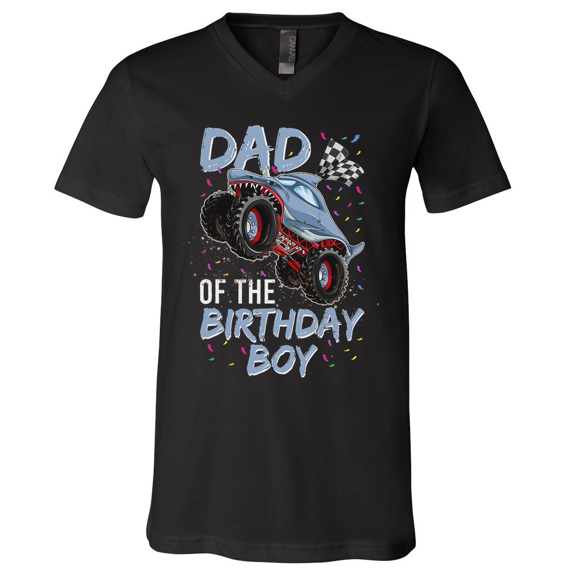 Shark Monster Truck S For Men, Dad Of Birthday Boy V-Neck T-Shirt