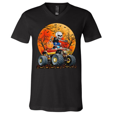 Skeleton Monster Truck Moon Candy Halloween V-Neck T-Shirt