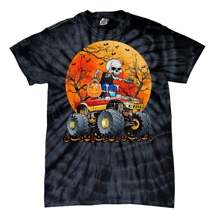 Skeleton Monster Truck Moon Candy Halloween Tie-Dye T-Shirt