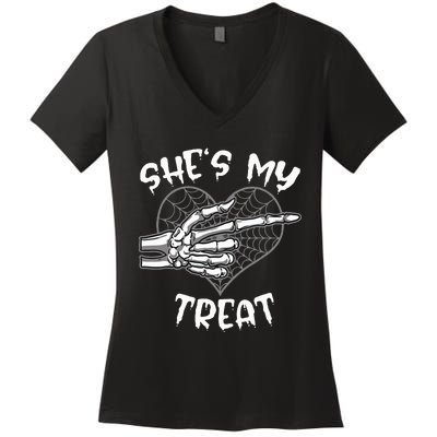 SheS My Treat Funny Halloween Matching Couple Women's V-Neck T-Shirt