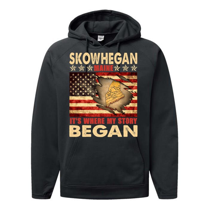 Skowhegan Maine Usa Flag 4th Of July Performance Fleece Hoodie