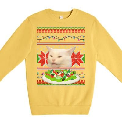 Smug Table Cat Meme Ugly Christmas Premium Crewneck Sweatshirt