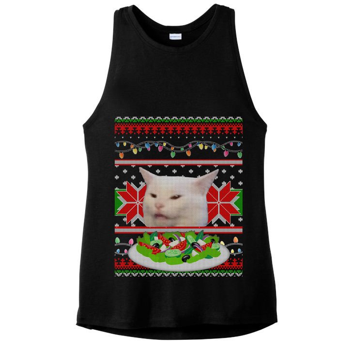 Smug Table Cat Meme Ugly Christmas Ladies PosiCharge Tri-Blend Wicking Tank