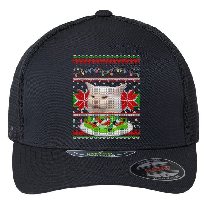 Smug Table Cat Meme Ugly Christmas Flexfit Unipanel Trucker Cap
