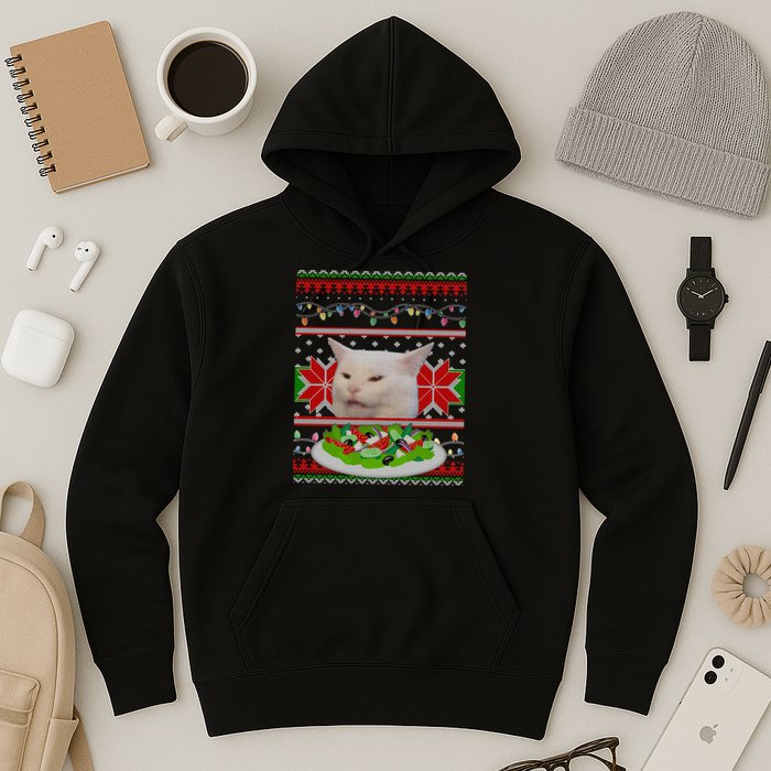 Smug Table Cat Meme Ugly Christmas Hoodie