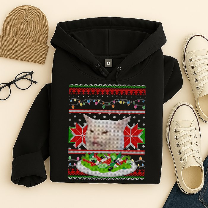 Smug Table Cat Meme Ugly Christmas Hoodie