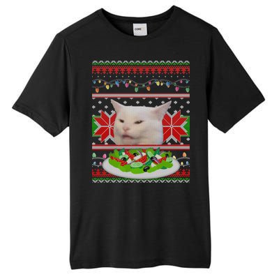 Smug Table Cat Meme Ugly Christmas Tall Fusion ChromaSoft Performance T-Shirt