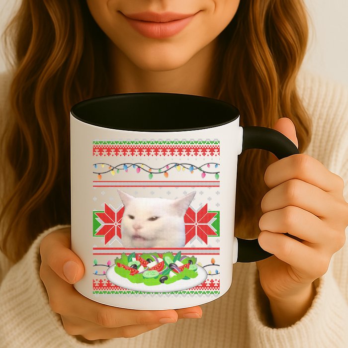 Smug Table Cat Meme Ugly Christmas Mug