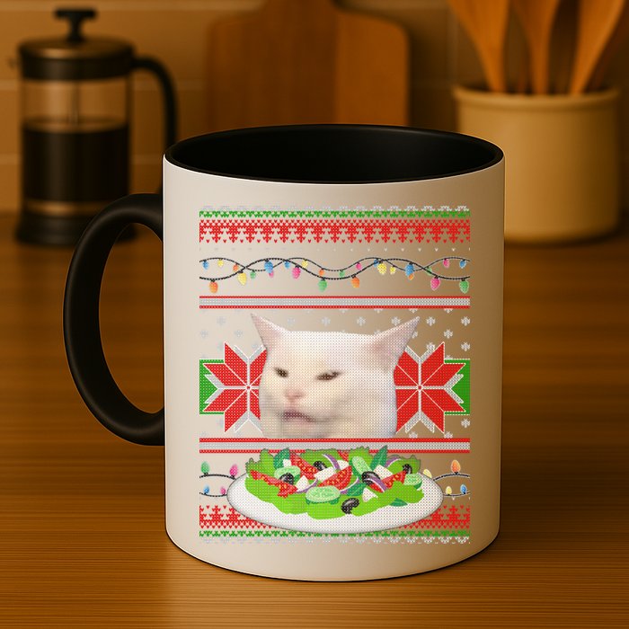 Smug Table Cat Meme Ugly Christmas Mug