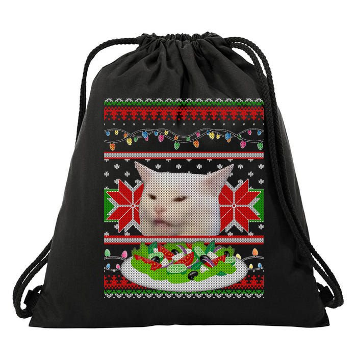 Smug Table Cat Meme Ugly Christmas Drawstring Bag