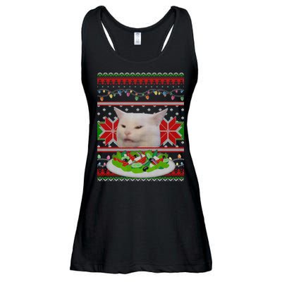 Smug Table Cat Meme Ugly Christmas Ladies Essential Flowy Tank