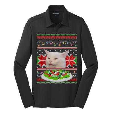 Smug Table Cat Meme Ugly Christmas Silk Touch Performance Long Sleeve Polo