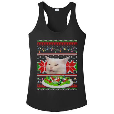 Smug Table Cat Meme Ugly Christmas Ladies PosiCharge Competitor Racerback Tank