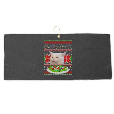 Smug Table Cat Meme Ugly Christmas Large Microfiber Waffle Golf Towel