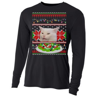 Smug Table Cat Meme Ugly Christmas Cooling Performance Long Sleeve Crew