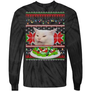 Smug Table Cat Meme Ugly Christmas Tie-Dye Long Sleeve Shirt