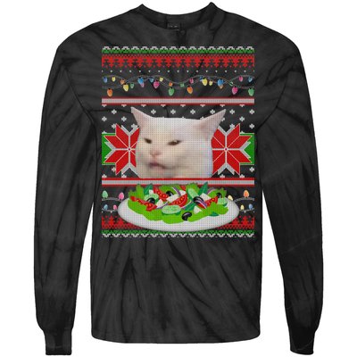 Smug Table Cat Meme Ugly Christmas Tie-Dye Long Sleeve Shirt