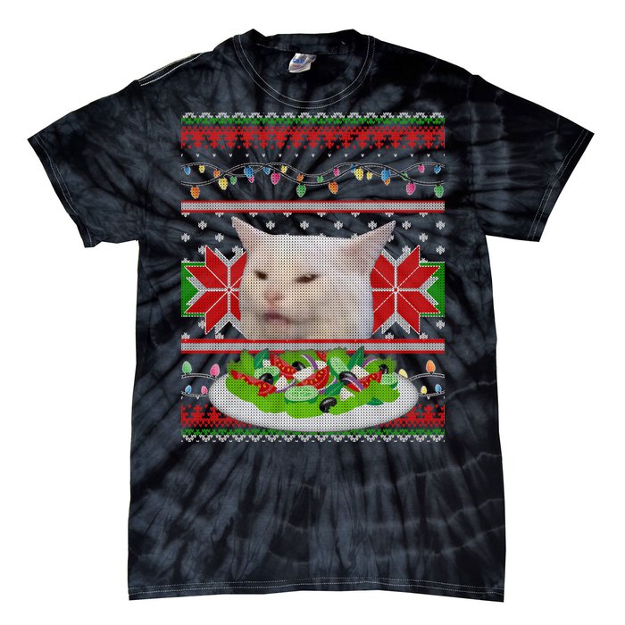 Smug Table Cat Meme Ugly Christmas Tie-Dye T-Shirt