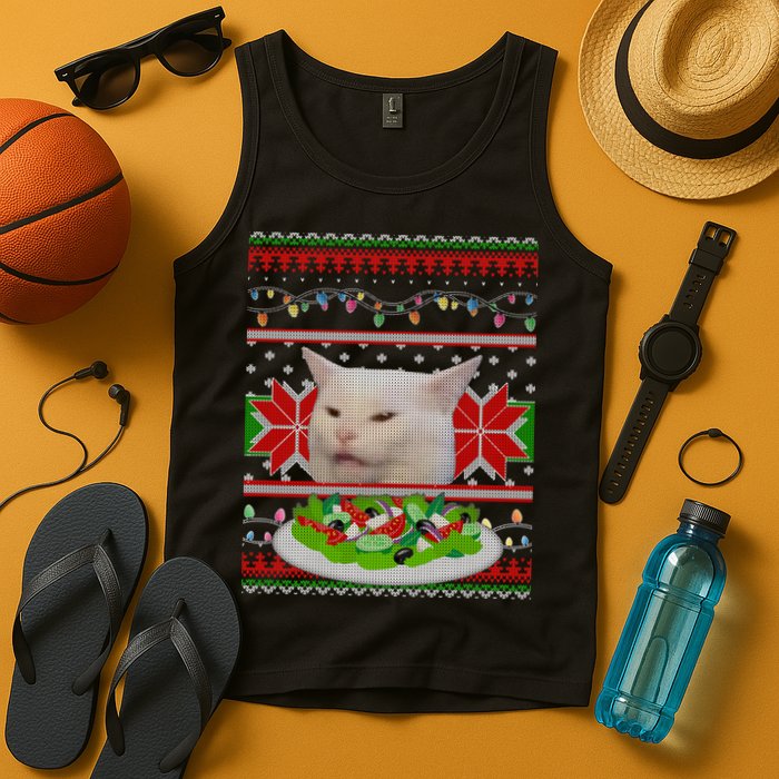 Smug Table Cat Meme Ugly Christmas Tank Top