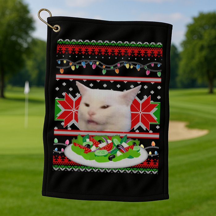 Smug Table Cat Meme Ugly Christmas Golf Towel