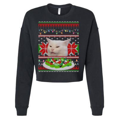 Smug Table Cat Meme Ugly Christmas Cropped Pullover Crew