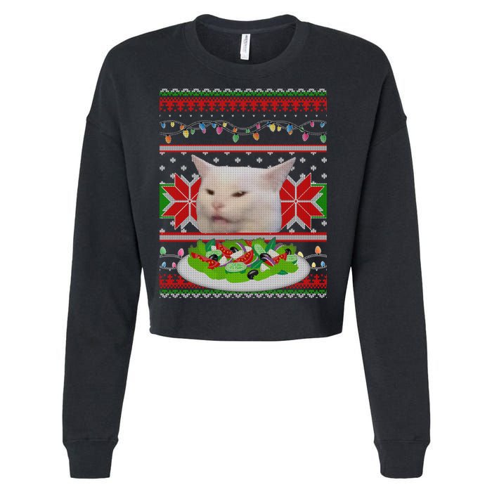 Smug Table Cat Meme Ugly Christmas Cropped Pullover Crew
