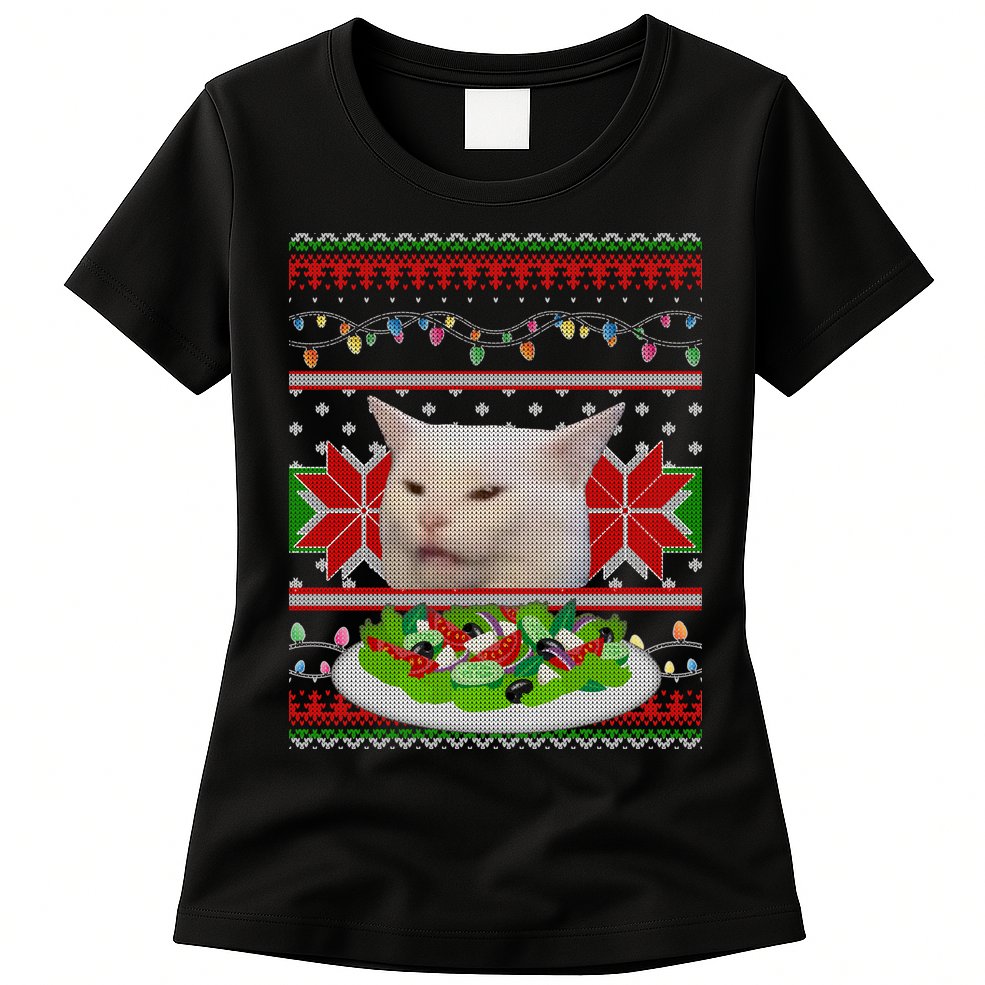 Smug Table Cat Meme Ugly Christmas Womens T-Shirt