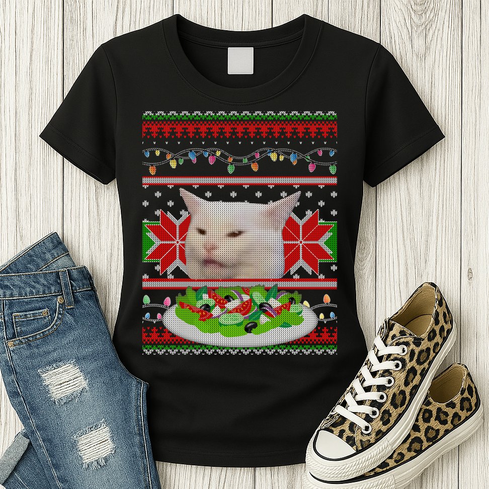 Smug Table Cat Meme Ugly Christmas Womens T-Shirt