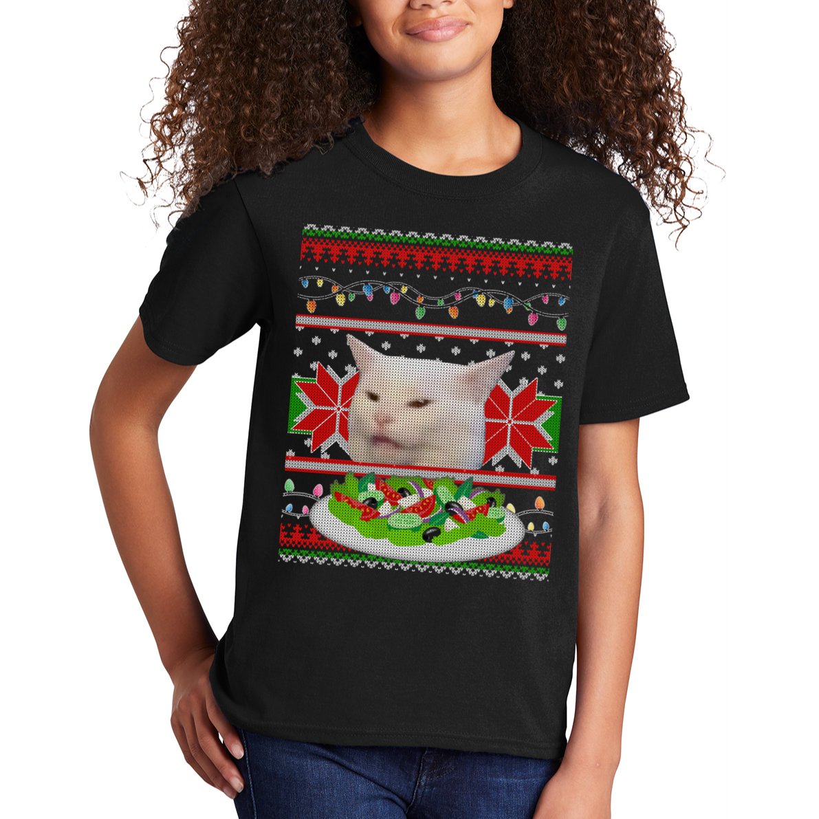 Smug Table Cat Meme Ugly Christmas Kids T-Shirt