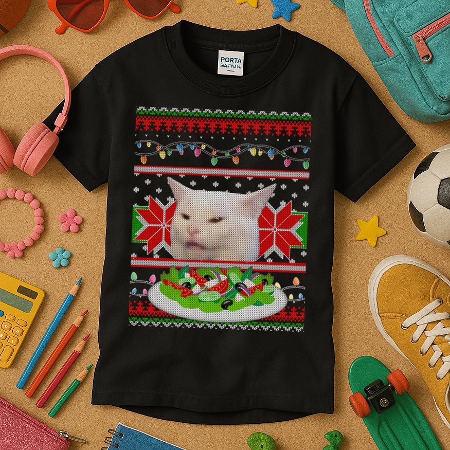 Smug Table Cat Meme Ugly Christmas Kids T-Shirt