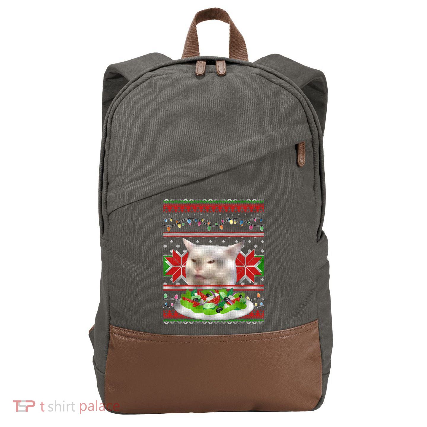 Smug Table Cat Meme Ugly Christmas Cotton Canvas Backpack