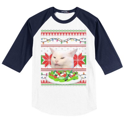 Smug Table Cat Meme Ugly Christmas Baseball Sleeve Shirt