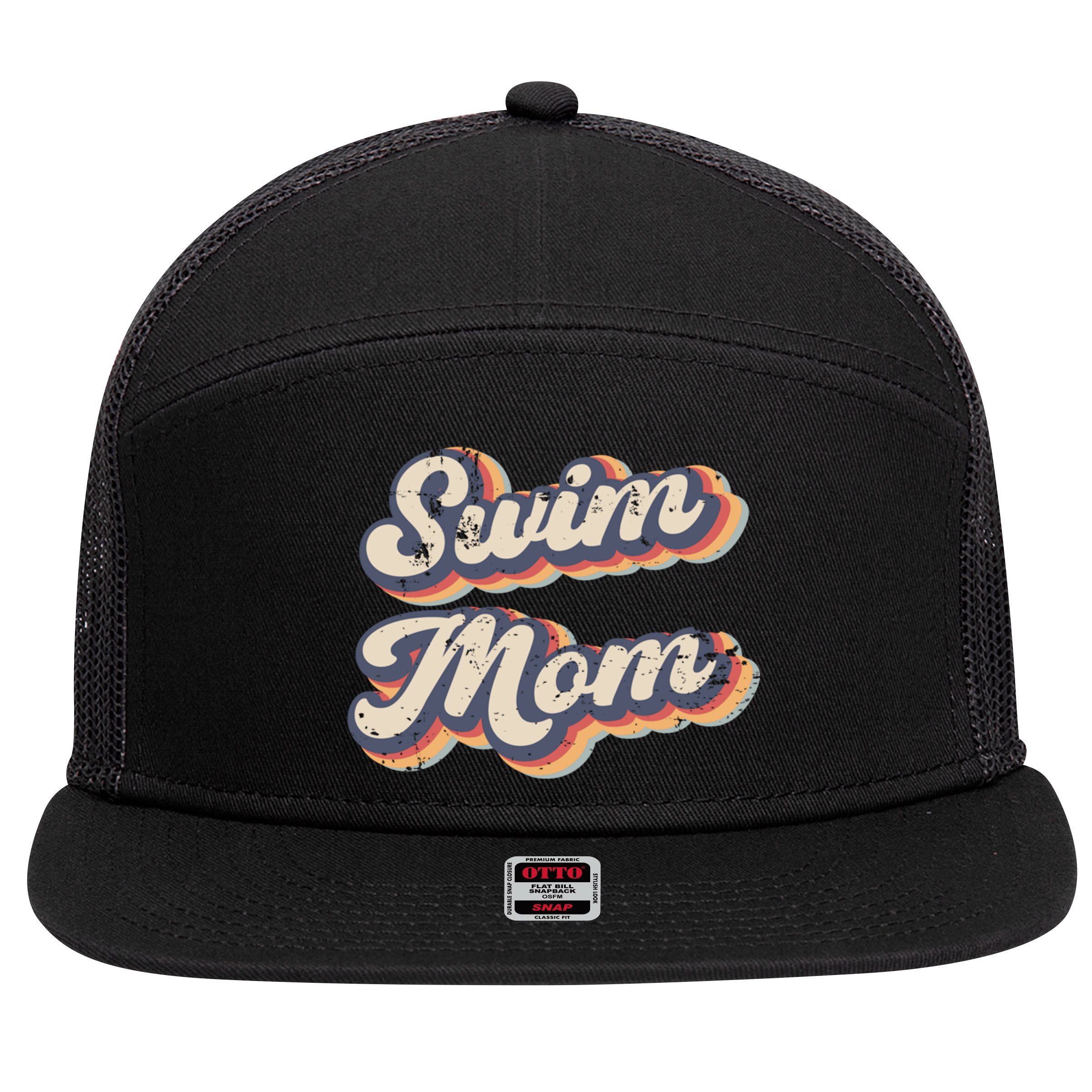 Swim Mom Vintage Rainbow Gift 7 Panel Mesh Trucker Snapback Hat