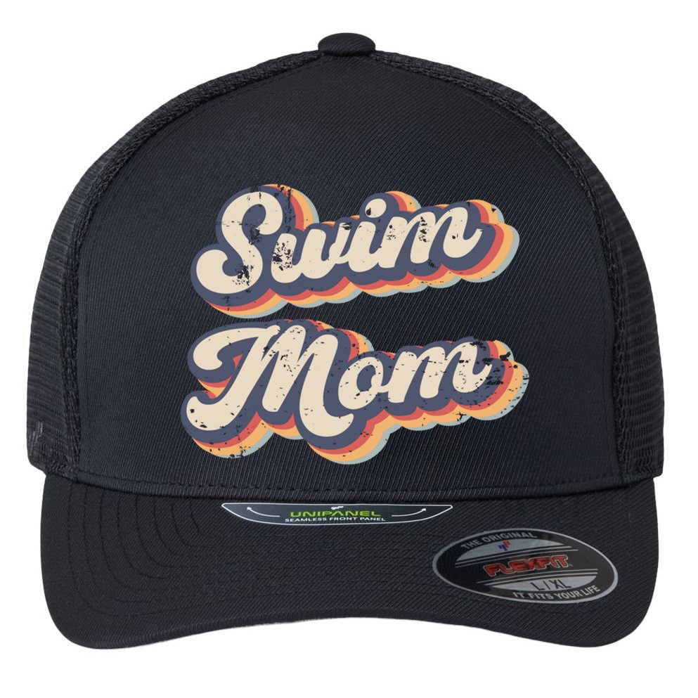 Swim Mom Vintage Rainbow Gift Flexfit Unipanel Trucker Cap