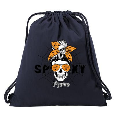 Spooky Mama Witch Mom Halloween Skull Messy Bun Mom Life Gift Drawstring Bag