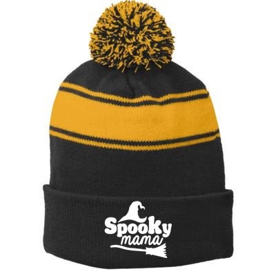 Spooky Mama Witch Broom Halloween Stripe Pom Pom Beanie