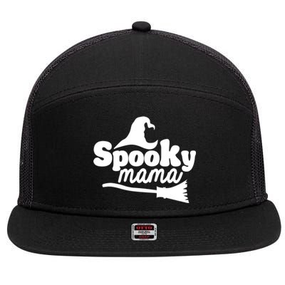 Spooky Mama Witch Broom Halloween 7 Panel Mesh Trucker Snapback Hat