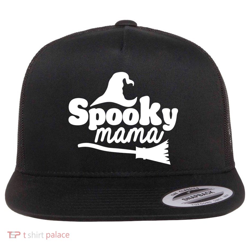 Spooky Mama Witch Broom Halloween Flat Bill Trucker Hat