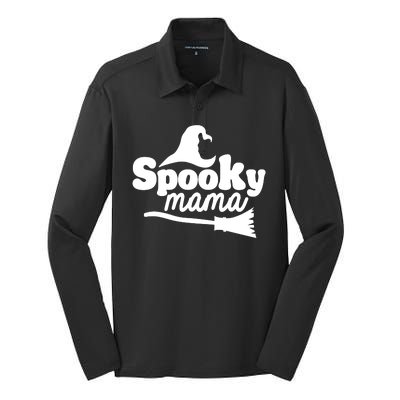 Spooky Mama Witch Broom Halloween Silk Touch Performance Long Sleeve Polo