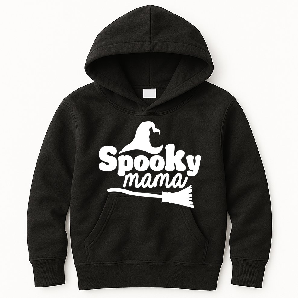 Spooky Mama Witch Broom Halloween Kids Hoodie