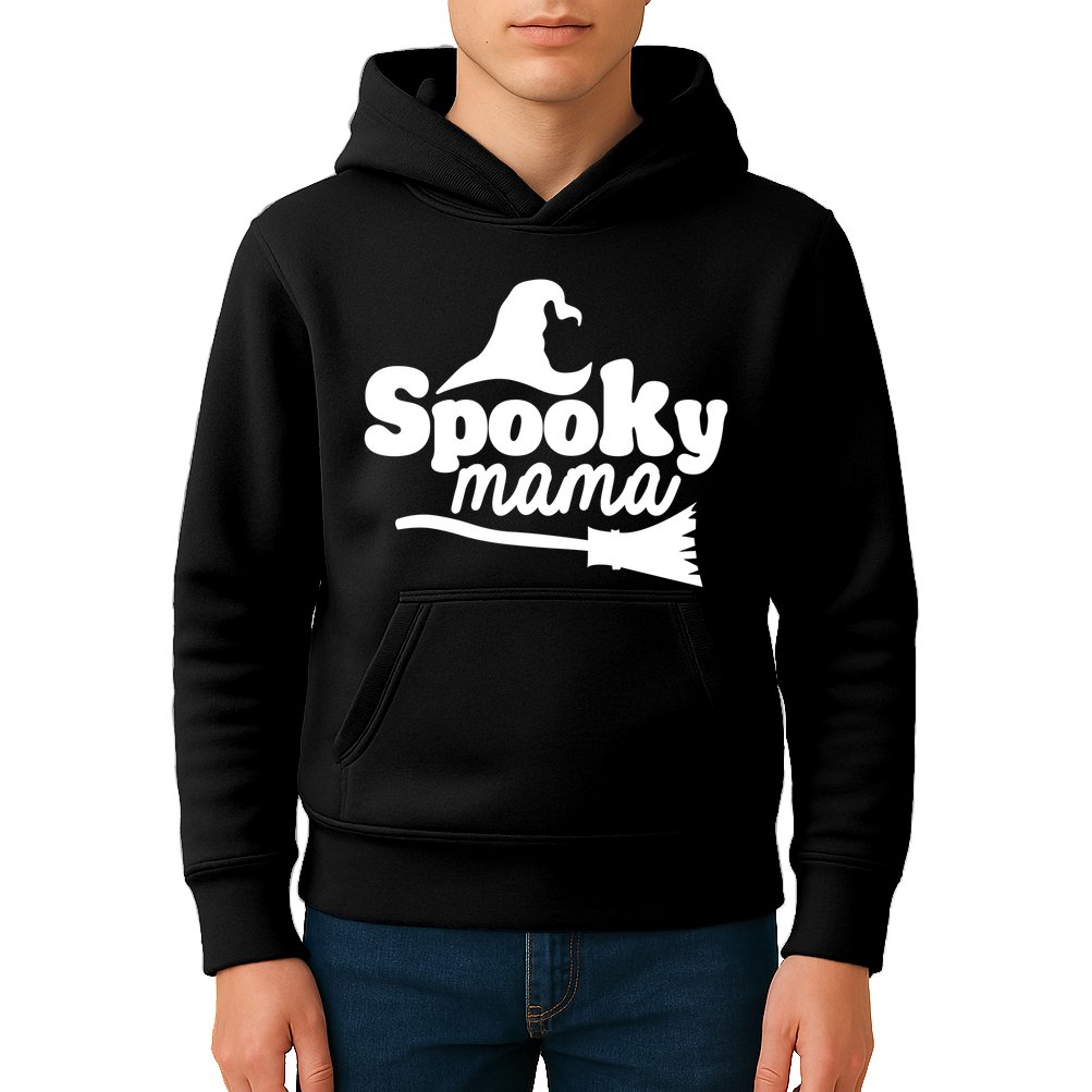 Spooky Mama Witch Broom Halloween Kids Hoodie
