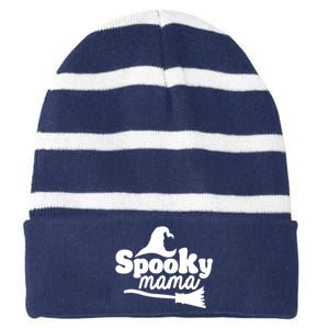 Spooky Mama Witch Broom Halloween Striped Beanie with Solid Band